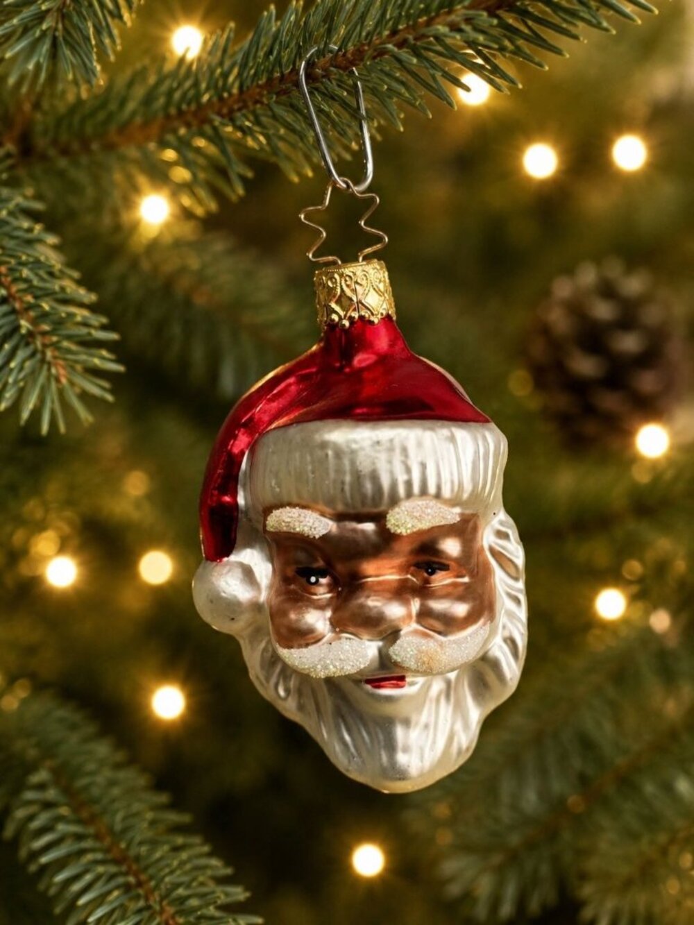 Inge Glas Santa Head Ornament Red Hat Frosted Beard Germany 3"